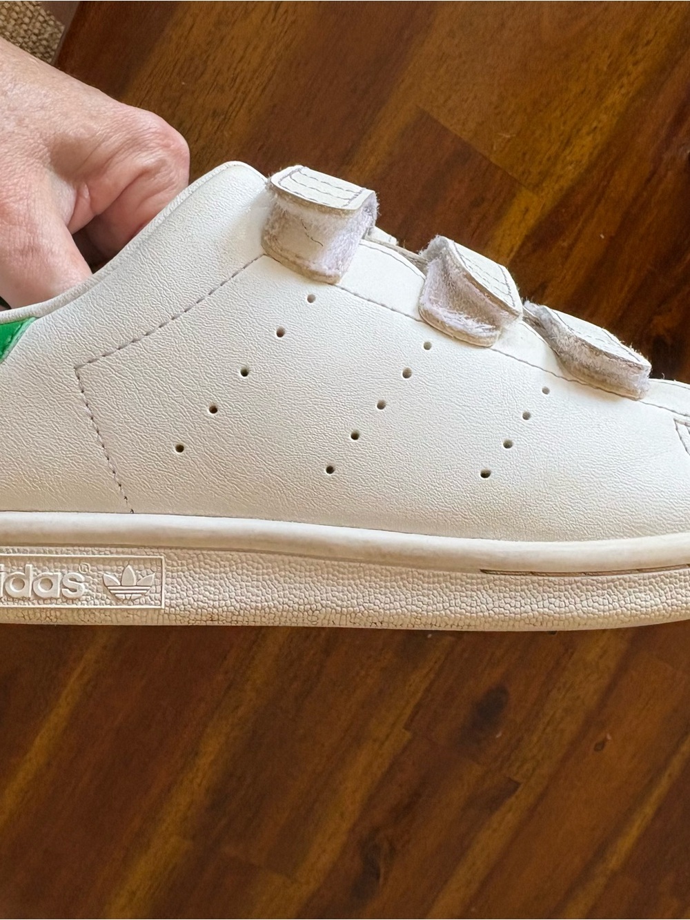 adidas Kids White Sneakers with Green Heel Tab and Velcro